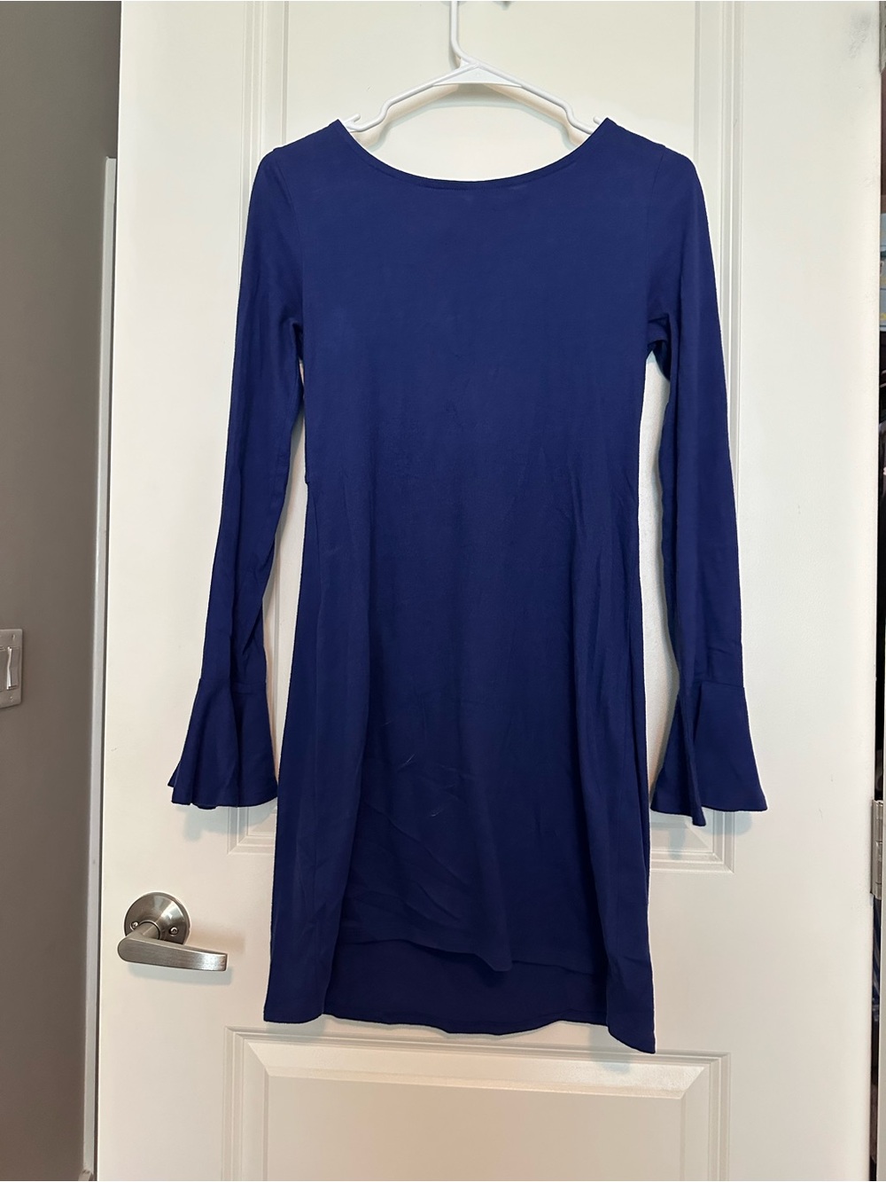 Long Sleeve Navy Blue Shift Dress with Flared Cuffs